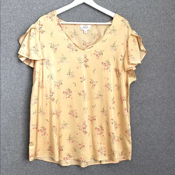 NWT Short Tulip Sleeve Floral Print V-Neck Satin Top 1X Yellow - Picture 6 of 13